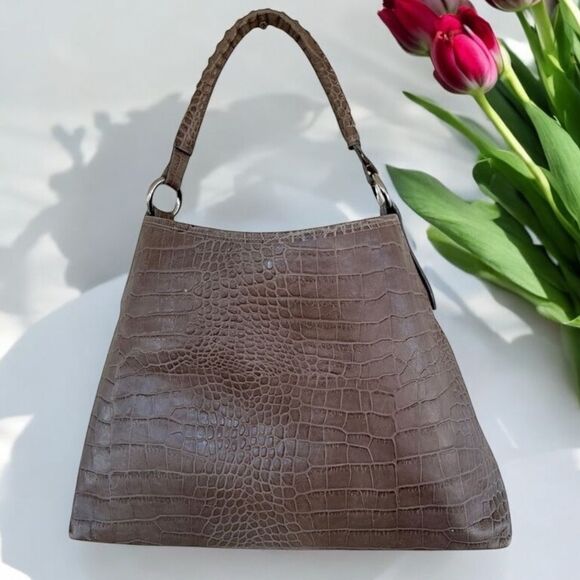 Maurizio Taiuti Italian Leather Crock Embossed Shoulder Tote Hobo Purse - Picture 1 of 9